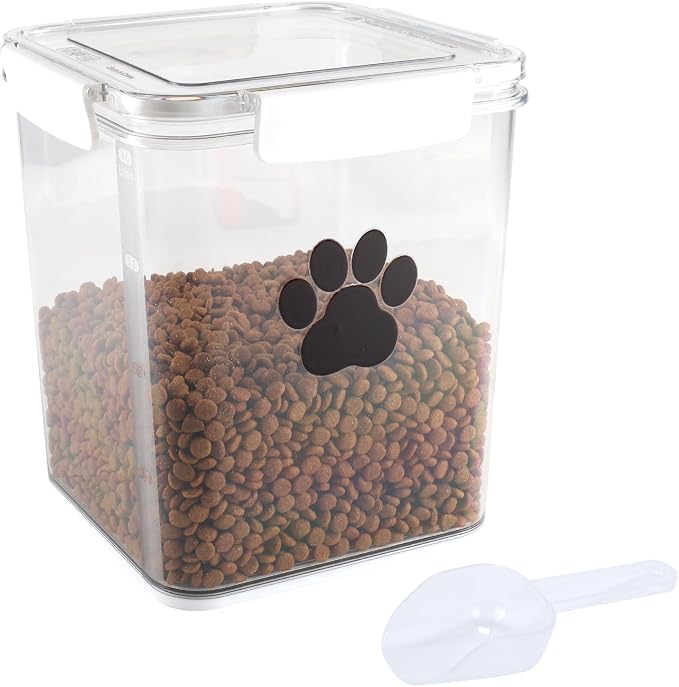 4L Dog Food Storage Container,Airtight Pet Food Storage Containers with Buckle-Lock Lids & Spoon,Plastic Cat Food Bin BPA Free,Dog Treat Container for Dog, Cat, Bird Seed - Bright White