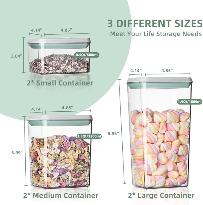 Airtight Food Storage Container Sets with Lids 6Pcs Pop Containers for Kitchen Pantry Organization BPA-Free Stackable Kitchen Storage Containers for Cereal Flour Sugar (0.5, 1.2, 1.8qt)*2