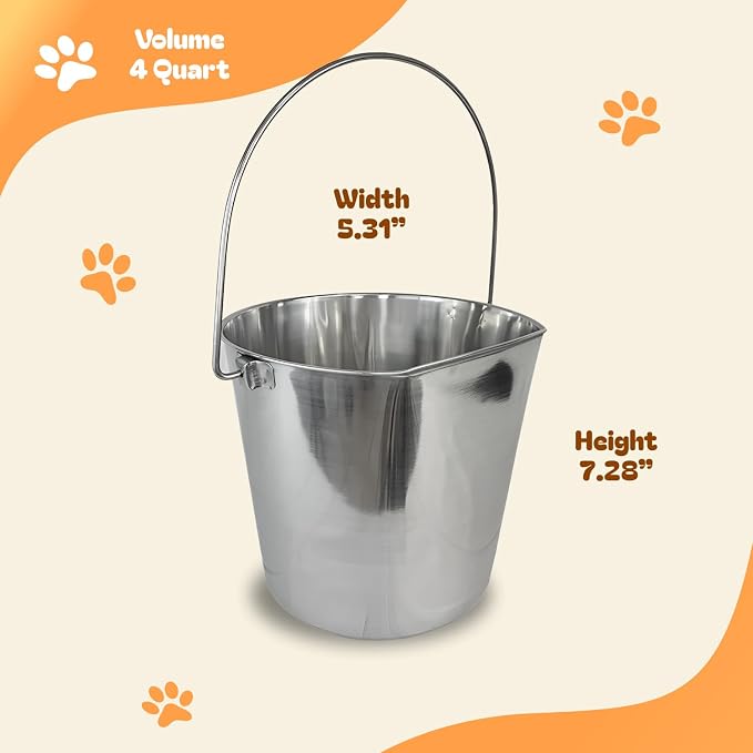 Advance Pet Products 4 Quart Heavy Duty Stainless Steel Flat Side Bucket | Durable Food & Water Pail for Dogs, Cats, Kennels, Cages and Critter Crates | Multi-Purpose Bucket
