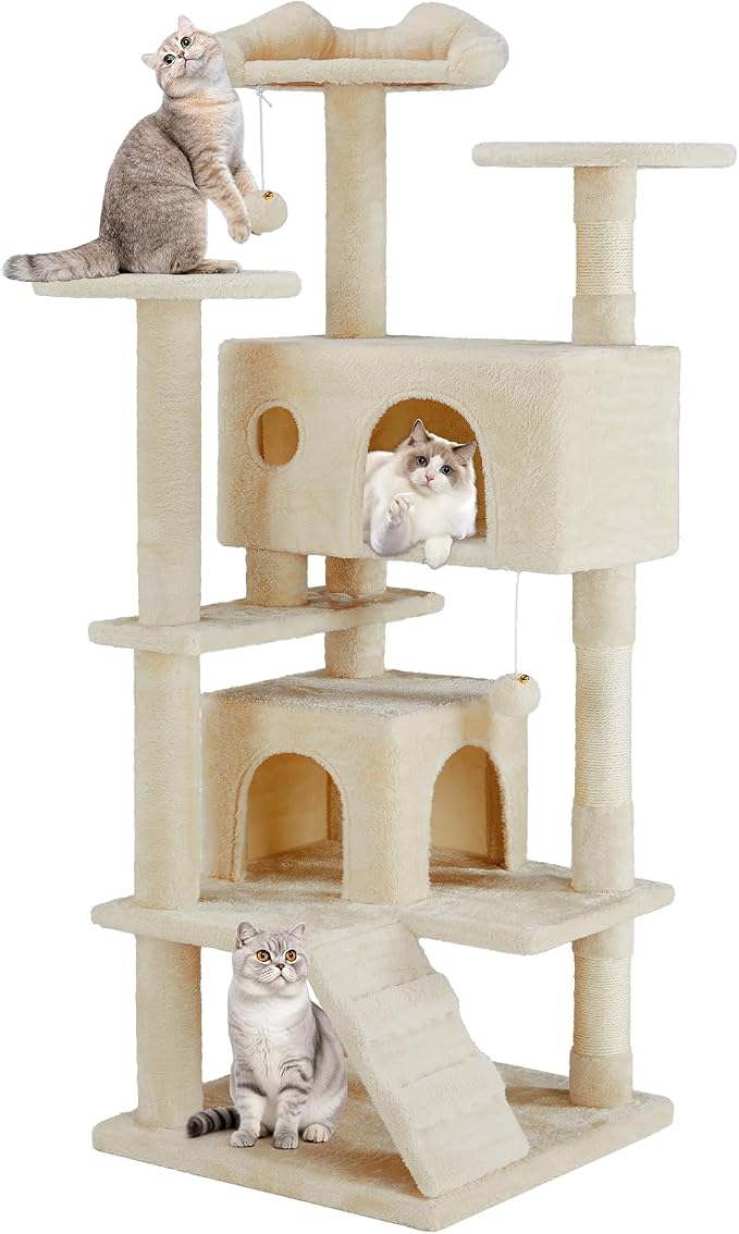 54 Inch Cat Tree Tower with Sisal Scratching Post | Multi-Level Cat Climbing Tower with Hammock, Pet Condo for Indoor Cats and Kittens, Beige