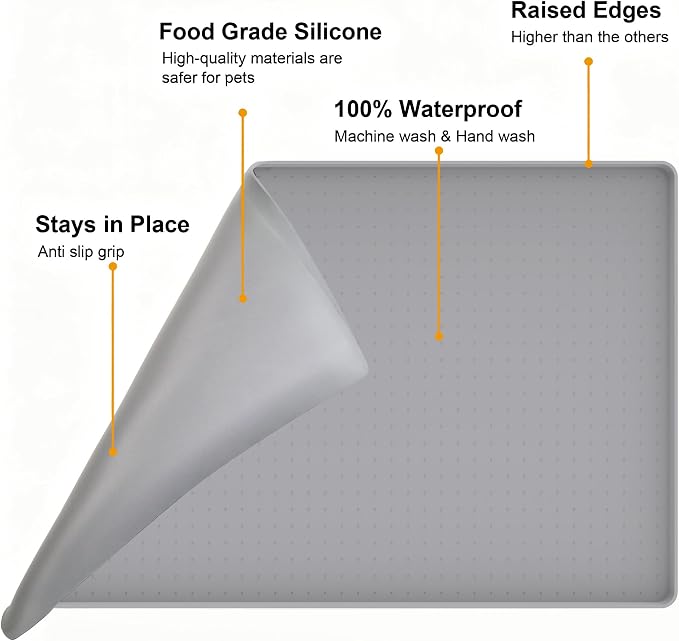 Mofason Pet Food Mat Waterproof Dog Mat 24”x16” Large – 0.5” inch Raised Edge,Pet Silicone Feeding Placemat Water Bowl Tray for Floors, Nonslip Washable Dog Mat for Food and Water