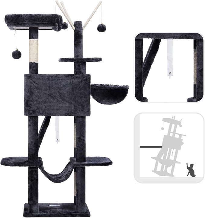 Hey-brother Cat Tree Tower with Padded Platform Bed, Hammock, MPJ019-SG | 53 Inches Cat House with Large Cozy Condo, Toy Balls and Sisal Scratching Posts for Indoor Multi-Cats, Smoky Gray