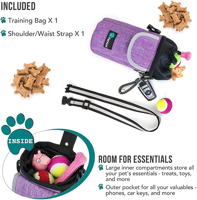 PetAmi Dog Treat Pouch, Large Hands-Free Training Bag, Purple | Built-In Poop Bag Dispenser, Holds 3 Cups Of Treats, 4 Ways to Wear, D-Ring, Reflective Strap, Dog Treat Bag for Walking
