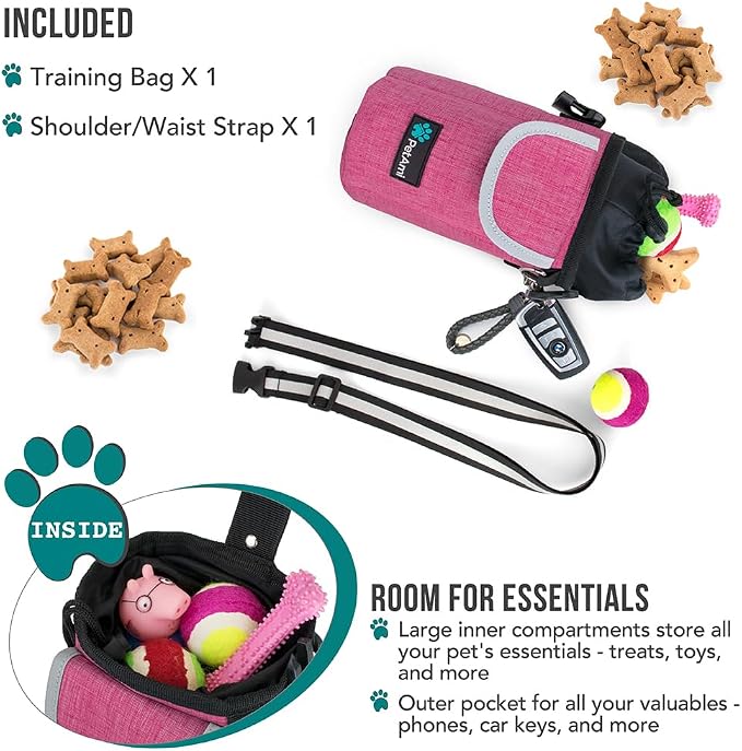 PetAmi Dog Treat Pouch, Large Hands-Free Training Bag, Pink | Built-In Poop Bag Dispenser, Holds 3 Cups Of Treats, 4 Ways to Wear, D-Ring, Reflective Strap, Dog Treat Bag for Walking