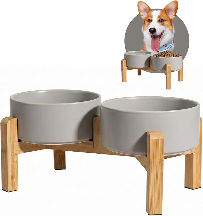 PTOBER Elevated Ceramic Dog Bowl Set - Double Feeding Bowls with Non-Slip Bamboo Stand - Raised Dog Dishes for Food and Water - Ideal for Small to Medium Breeds - 3.6 Cups