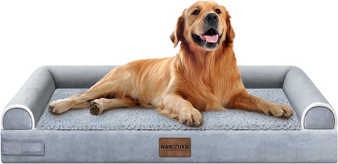 NANUYA Orthopedic Dog Bed for X-Large Dogs, 40 x 32 Inch, Light Grey | Egg crate foam for joint support, 3-sided bolster pet sofa, waterproof lining, washable cover, and non-skid base