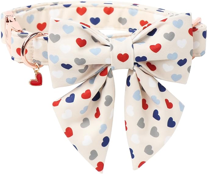 DOGWONG Dog Bow Collar Valentine's Day Dog Collar -Hearts Print Dog Collar with Bowtie Spring Dog Collars Pet Collar Bows Cute Collars,L