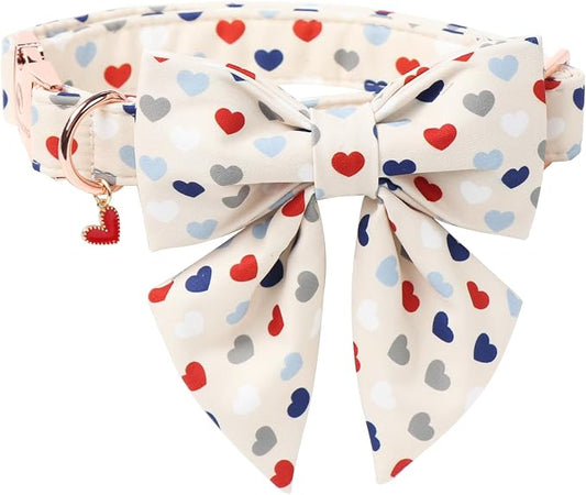DOGWONG Dog Bow Collar Valentine's Day Dog Collar -Hearts Print Dog Collar with Bowtie Spring Dog Collars Pet Collar Bows Cute Collars,L