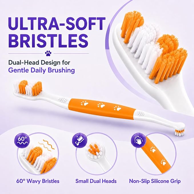Dog Toothbrush, Dual-Head, for Medium-Large Dogs, Orange | Soft Bristles for Gentle Cleaning, 60° Curved Bristles for Better Coverage, Comfortable for Sensitive Gums