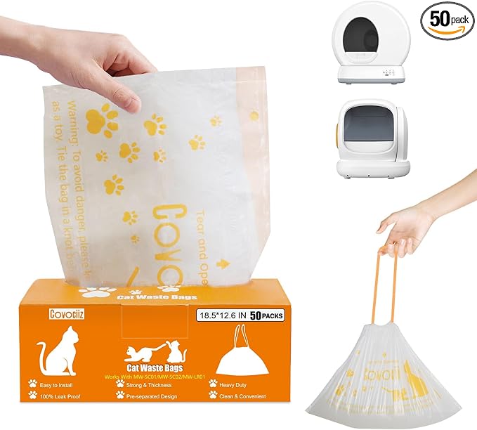 50 Pack Cat Litter Box Liners, Compatible with MeoWant SC01/C02/LR01 Litter Bags, Extra Thick Drawstring Heavy Duty Cat Waste Bags, 18.5" x 12.6"