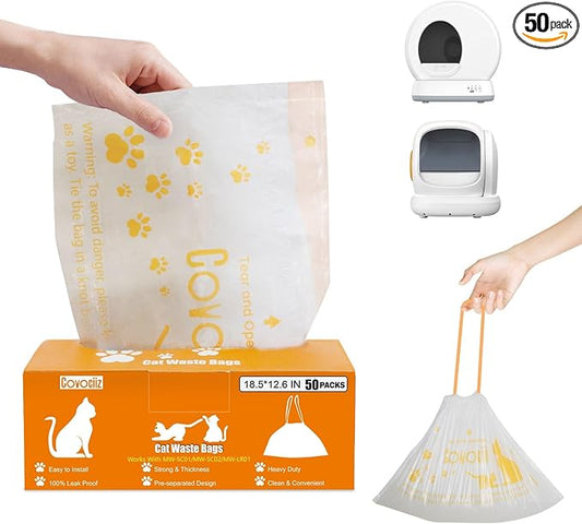 50 Pack Cat Litter Box Liners, Compatible with MeoWant SC01/C02/LR01 Litter Bags, Extra Thick Drawstring Heavy Duty Cat Waste Bags, 18.5" x 12.6"
