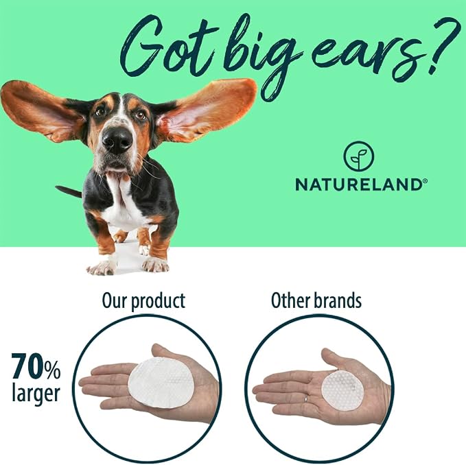 Natureland Dog Ear Wipes, Extra Large Otic Cleaning Pads, 150 Count | Gently removes dirt, wax and debris and helps reduce ear odor in dogs and cats; soft textured pads for weekly grooming