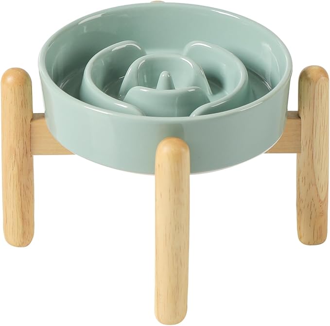 Havniva Elevated Slow Feeder Dog Bowls, Ceramic Dog Bowl Slow Feeder | 0.9 Cups Raised Slow Feeding Bowl for Small Breed, Puzzle Dog Food Bowl with Wooden Stand, Non-Slip, Anti-Choking