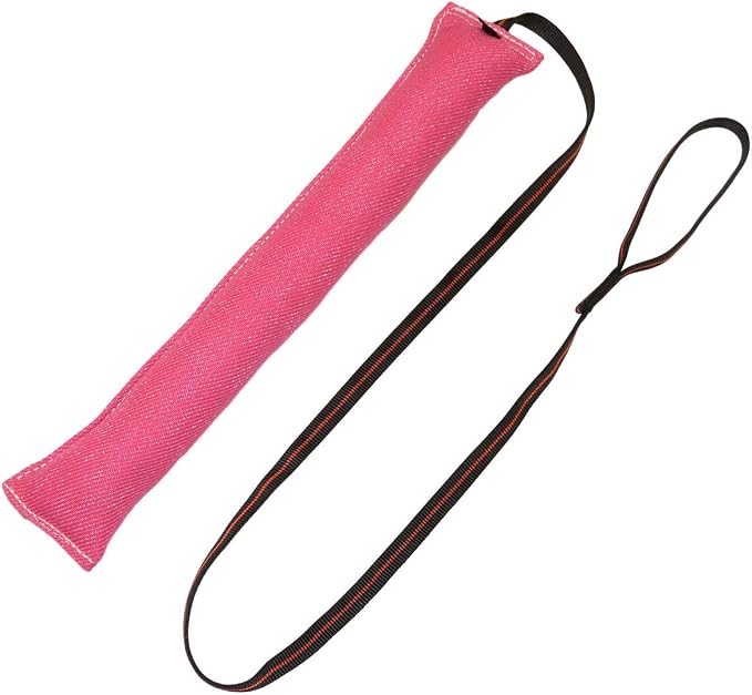 Redline K9 French Linen Dog Tug Toys (4 inch x 24 inch) Tug Toy with 5 Foot Handle (Pink)
