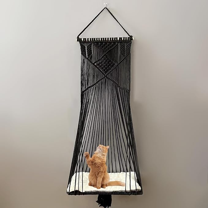 Macrame Hanging Cat Hammock Bed Cat Swing House Space Saving Window Perch with Washed Cotton Cats Toy Tassel Basket Tapestry (Black, Swing Bed+Cushion, XL)