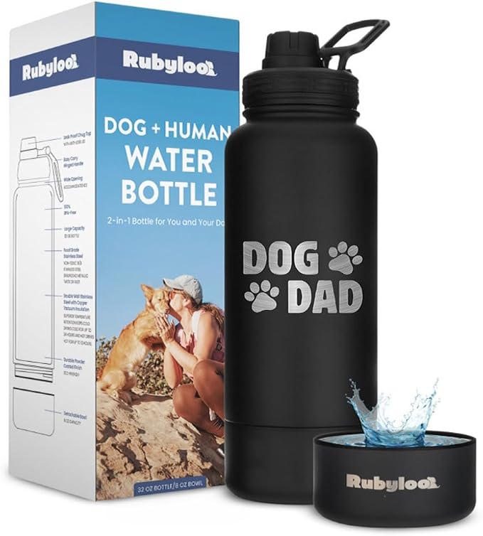 Dog Dad Water Bottle – 32 oz Stainless Steel Double Wall Insulated with 8 oz Detachable Bowl on Bottom – Cool Dog Dad Gifts for Father's Day, Hiking, Walking, Travel & Everyday Adventures – DD Black