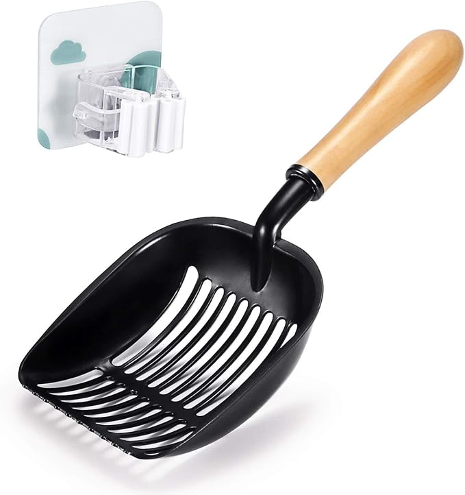 FANGSUN Metal Cat Litter Scoop Wood Handle with Deep Shovel Non Stick Plates, Kitty Cats Litter, Free Storage Holder