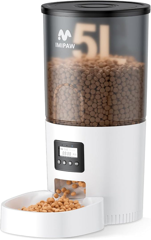 IMIPAW Automatic Cat Feeders, 5L Large Capacity, Timed Feeding Dry Food, Dual Power Design, Programmable Portion Size, 1-6 Meals Per Day, with Desiccant Packet, Suitable for Small Pets Food Dispenser