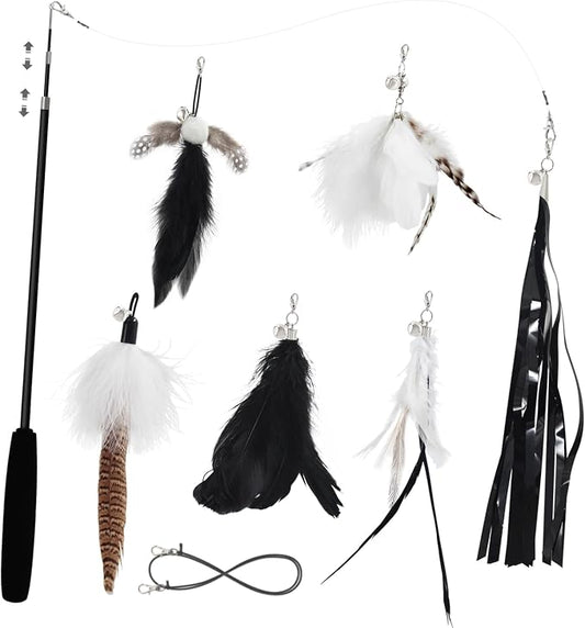 SONGWAY Cat Wand Toys for Indoor Cats - Cat Toy Set with Retractable Teaser Wand and 6 PCS Feather Toy Refills, Dragonfly Tassel Cat Toys Interactive, Black