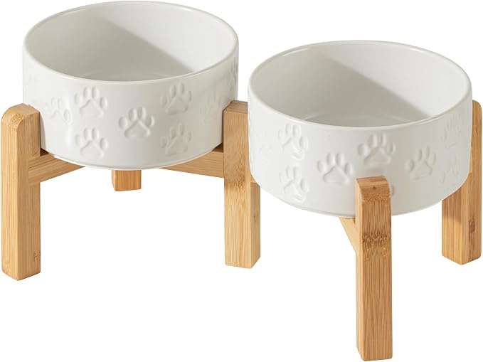 Elevated Ceramic Dog Bowl Set, Anti-Skid Bamboo Stand, White, 6.1 inch | Food and Water Bowls with Fixed Non-Slip Rubber Ring, Microwave Safe, Easy to Clean, 3.5 Cup per Bowl, for Small Breed Dogs