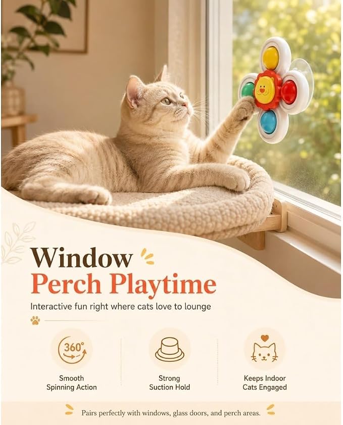 3PCS Cat Suction Cup Spinner Toy Window Perch Interactive Play for Indoor | Strong Suction Base Attaches to Smooth Glass or Tile While Spinning Design Keeps Indoor Cats Engaged (Set-A)