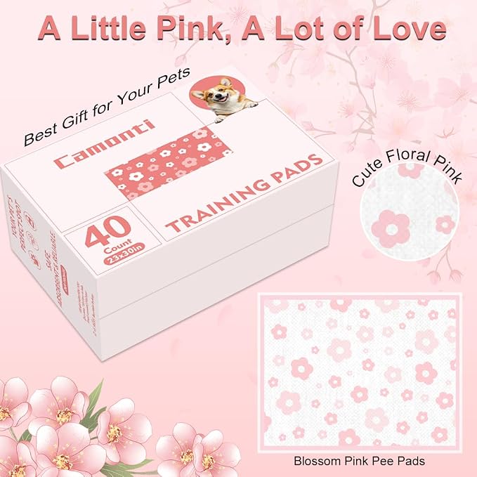 Pink Floral Dog Pee Pads, 23''x30'', 40 Count Leak-Proof Puppy Pads for Potty Training, Quick-Dry & Adhesive Tabs, Cute Flower Print for Small/Medium Dogs with Attractant