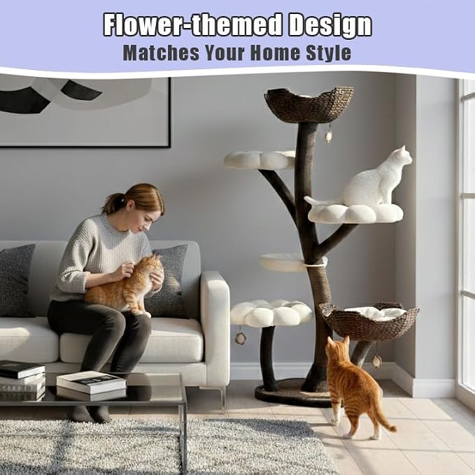 Catry Floral Large Cat Tree with Handcrafted Basket Beds & Flower Perches | Handwoven Baskets Beds with Washable Pads, Durable Iron Frame, Replaceable Flower Perches & 1 Hammock for Multi-Cat Homes