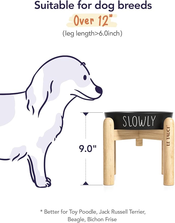 LE TAUCI PET Ceramic Slow Feeder Dog Bowls Elevated, 3 Cups Raised Dog Bowl with Wooden Stand for Medium Large Breed to Slow Down Eating, Puzzle Food Bowl,Black