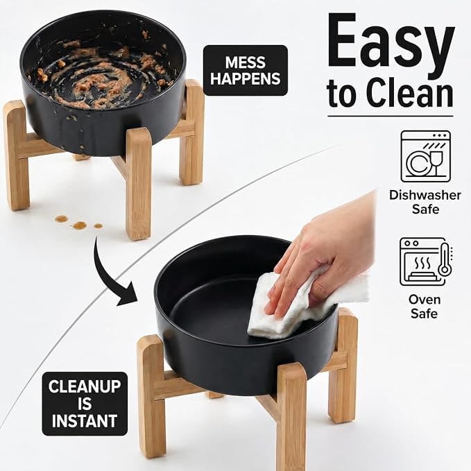 hjn Elevated Ceramic Dog Bowl 15°Slanted Raised Dog Bowl with Bamboo Stand for Small Medium Dogs and Cats, Pet Feeder -7.6-Cup (1800ml)-Black