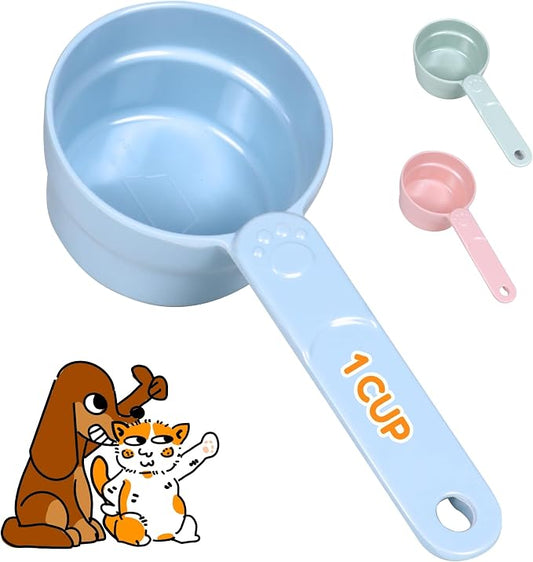 1 Cup Dog Food Scoop, Extra Long Handle Sturdy Melamine Pet Food Measuring Scoop with Clear Marking Lines, BPA-Free, Shatterproof, Food Cup for Dogs Cats Birds Rabbits, Dishwasher Safe (Blue, 1 Cup)