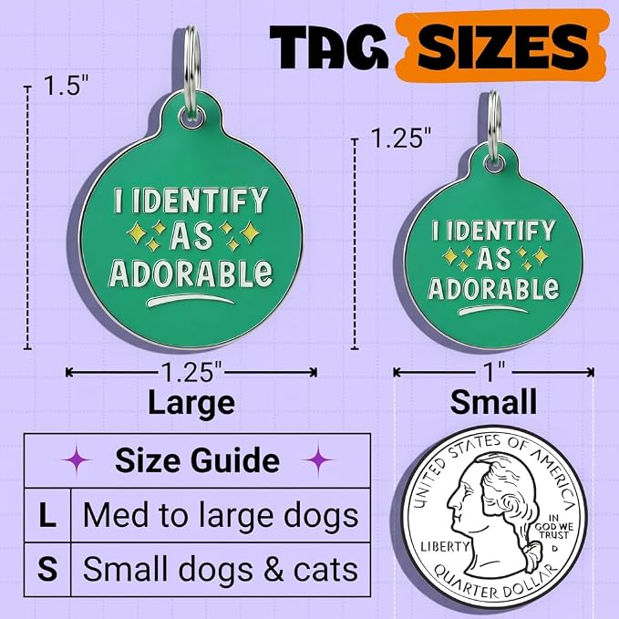 Bad Tags Personalized Dog and Cat ID Tags in 25+ Designs and 2 Sizes - 5 Lines of Custom Engraved Text - Funny Cute Personalized Pet Tags (I Identify As Adorable, Large (1.25 inch))