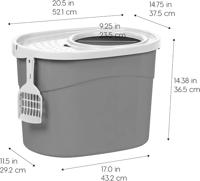 IRIS USA Large Top Entry Cat Litter Box with Lid, Enclosed Covered Cat Litter Box for Indoor Cats, Dog Proof Design, Odor Control, Litter Tracking Reduction, Scoop Included, Gray/White