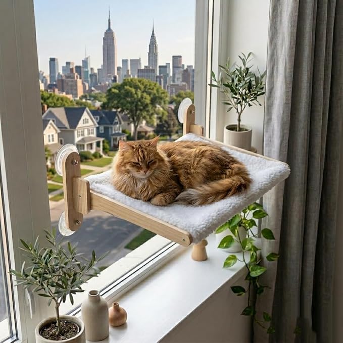 Foldable Window Sill Cat Bed with Cushion and Suction Cups—Features an Orthopedic Hammock Design, Crafted from Premium Hardwood and Equipped with Suction Cups (Grey, 24X13X9)