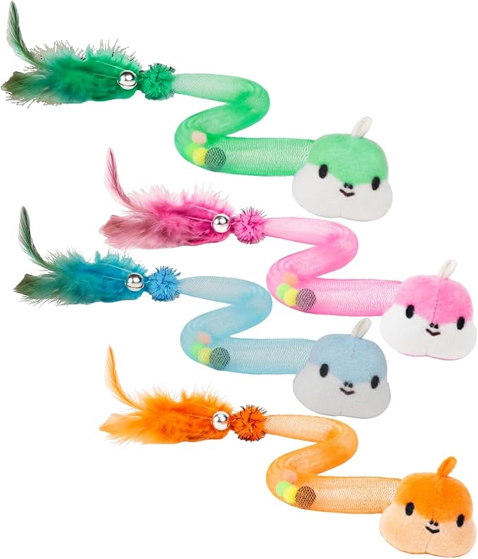 Cat Feather Toys 4 Pack for Indoor Cats – Interactive Cat Teaser Toys with Bell, Pom-Pom & Flexible Snake Tube, Fun Kitten Toys for Hunting, Chasing & Exercise