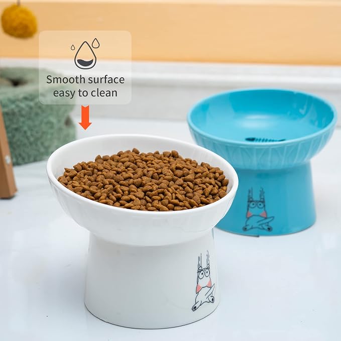 6.5 Inch Wide Ceramic Raised Cat Bowls, Tilted Elevated Cat Food Bowl Set | Prevent Neck, Whisker Fatigue, Anti Vomit, for Elder Big Cats & Small Dogs, Dishwasher and Microwave Safe, 2 Pack