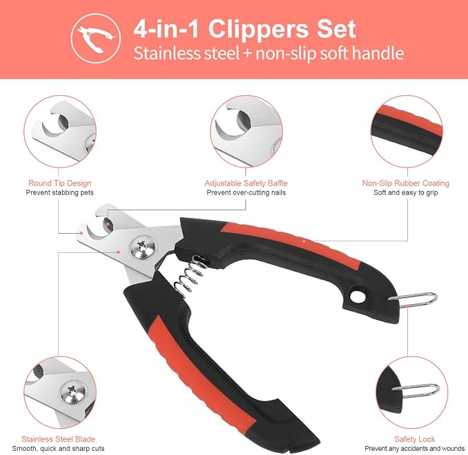 Dog Nail Clippers Trimmer Set, Quick Safety Guard to Avoid Over-Cutting, Stainless Steel Razor Sharp Blades, Sturdy Non-Slip Handles, Storage Case and Nail File, Professional Pet Grooming
