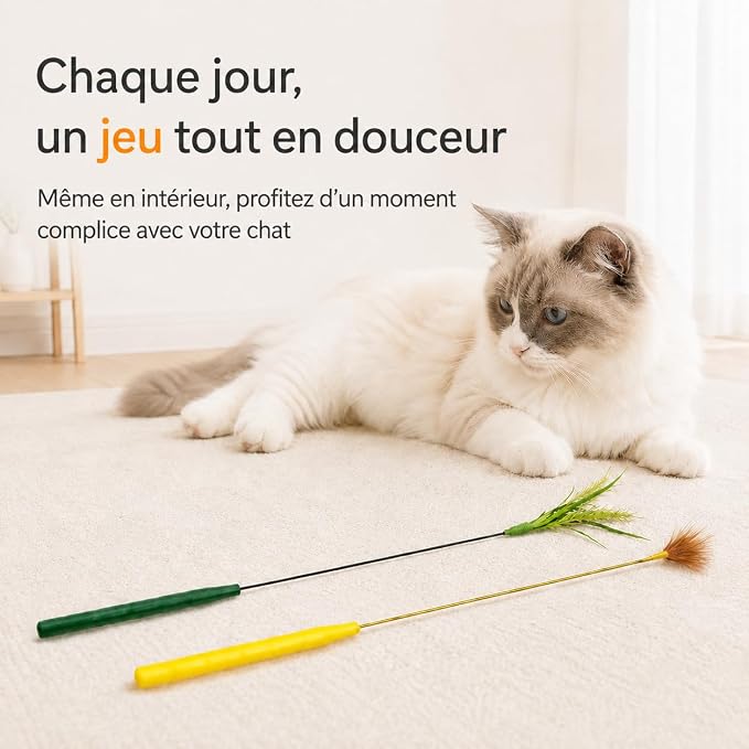 Mini Cat Wand Toy Set - Fast Motion Interactive Cat Teaser, Small Feather & Flowing Feather Tips, Flexible Wire Wand for Indoor Cats, Close-Range Play, 2 Pack