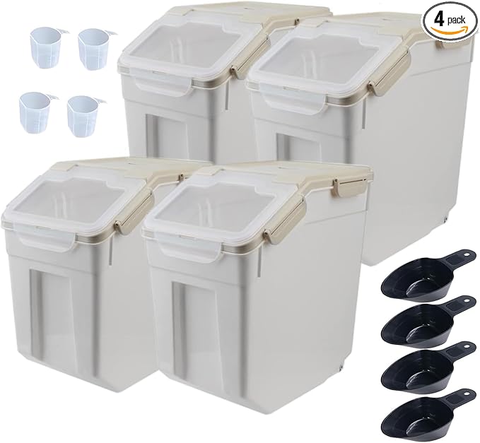 AnRui Airtight Rice Storage Container 30LBS, Large Flour Storage Containers BPA Free Kitchen Pantry Food Storage Bin Sugar Snack Cereal Grain Organizer Box with Wheel, Scoop, 4Pack, Grey