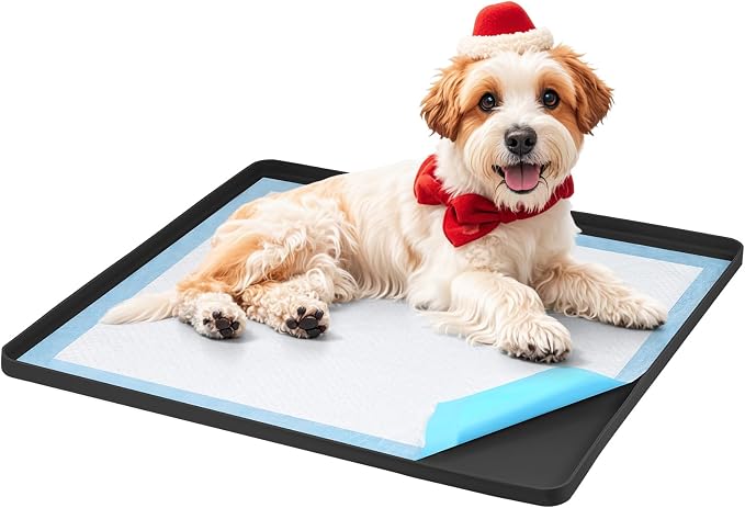 Pee Pad Holder for Dogs, Dog and Puppy Pee Pads Holder, 24"x24" Non-Slip & Leak-Proof & Portable Silicone Mat with Raised Edge Design, Square Puppy Potty Training Tray for Home Floor Protection(Black)