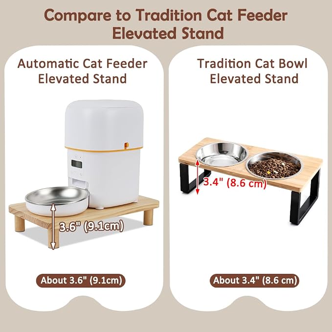 SZEE Cat Food Stand for Automatic Feeder & Tradition Bowls, Elevated Cat Food Table Station, Raises Feeder/Bowl by 2 3/8", Premium Solid Wood Material, Relieves Spine and Joints Noticeably on Pets