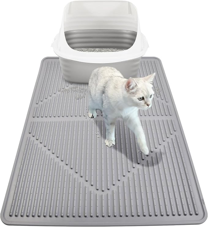 Mofason Rubber Large Cat Litter Mat, Grey Silicone Kitty Cat Litter Box Mat | Waterproof 28"x20" litter matt for cats; easy clean litter trapping catcher mat, cat litterbox mats, large pet mat cat indoor