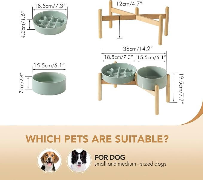 Havniva 7.3” Raised Slow Feeder Dog Bowls Set, 1.2 Cups Ceramic Slow Feeder Dog Bowl and 6.1” Dog Water Bowl with Elevated Wooden Stand Puzzle Dog Food Bowl for Small Dogs Anti-Gulping & Anti-Choking