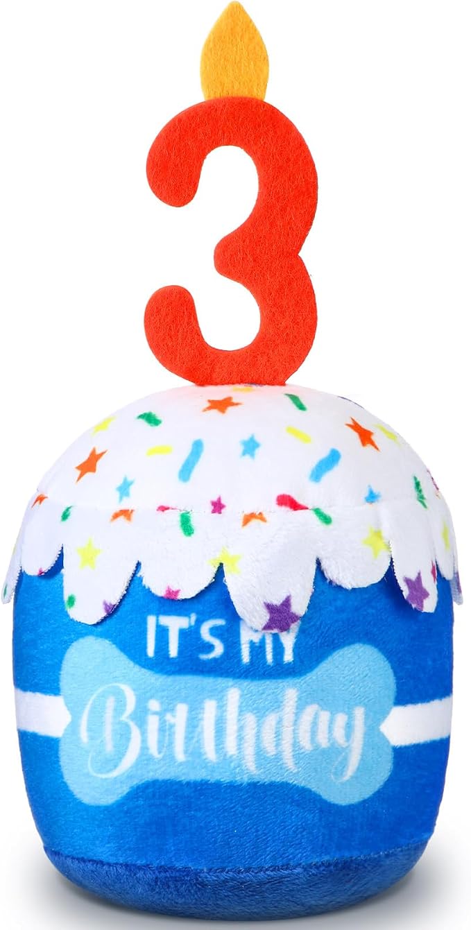 Dansydaisy Dog Birthday Cake Toy Squeaky Plush Toy for Girl Boy Gifts, Chew Accessories for Dog Birthday Party Decor Favor for Large, Medium and Small Dogs(3rd,Blue)