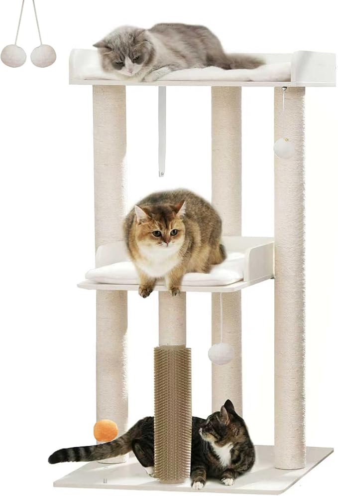 43.7" Cat Tree, Modern Cat Tree Tower, Cat Tower for Indoor Cats Large Adult, Cat Condo with Scratching Post, Large Perch and Removable Pads, White