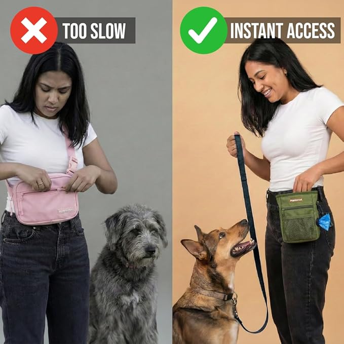 Dog Treat Pouch for Training – Magnetic Dog Treat Bag with Belt Clip & Poop Bag Dispenser – Hands Free Carry Pouch with Auto-Close Access & Shoulder Strap – Durable Pet Gear – Army Green