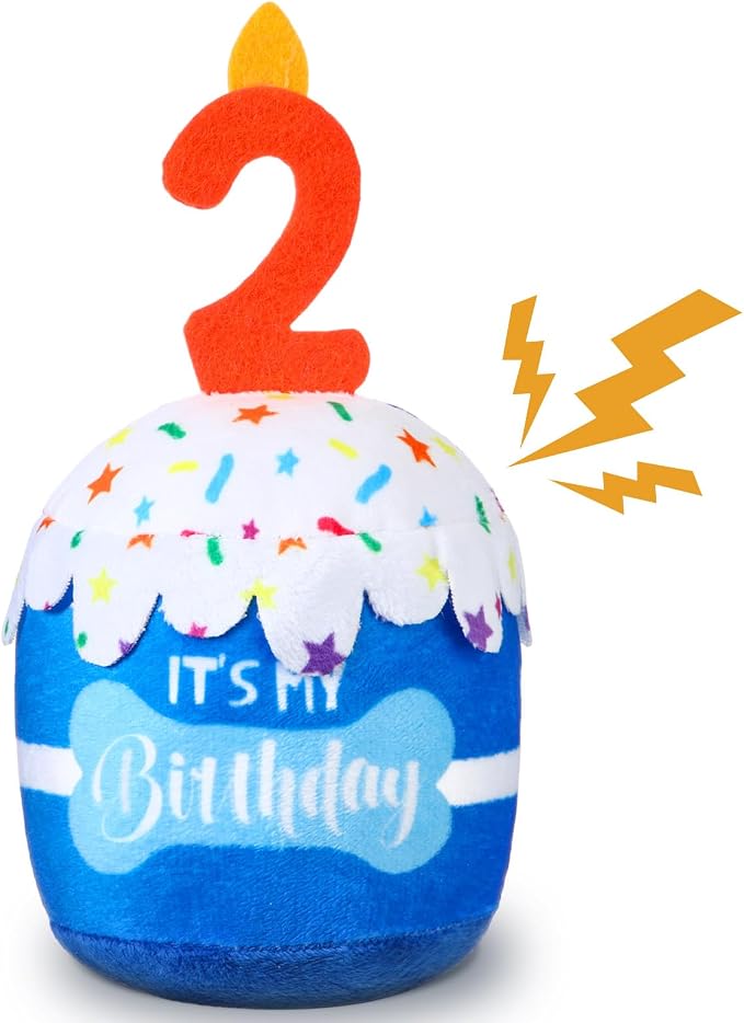Dansydaisy Dog Birthday Cake Toy Squeaky Plush Toy for Girl Boy Gifts, Chew Accessories for Dog Birthday Party Decor Favor for Large, Medium and Small Dogs(2nd,Blue)