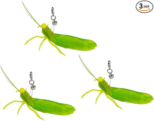 TTcat 3 Pack Grasshopper Cat Wand Refills, Realistic Green Insect Natural Feather Detachable Replacement Toy with Bell, Universal Lobster Clip-on Cat Teaser Attachments.
