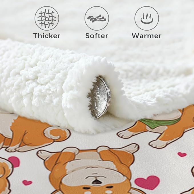 BlessLiving Cute Watercolor Dogs Pattern Fleece Blanket Shiba Inu Puppy Sherpa Reversible Throw Animal Print Plush Blanket (Twin, 60 x 80 Inches)