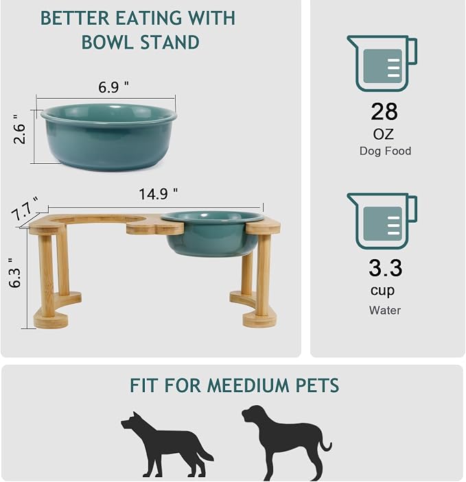 Ceramic Elevated Dog Bowls, Raised Pet Food and Water Bowl Set, Dark Green | Feed Tray For Small and Medium Breeds, 6.9" Wide Double Modern Porcelain Bowls, 6.3" High Wooden Stand, Non-Slip, 28Oz/800ML