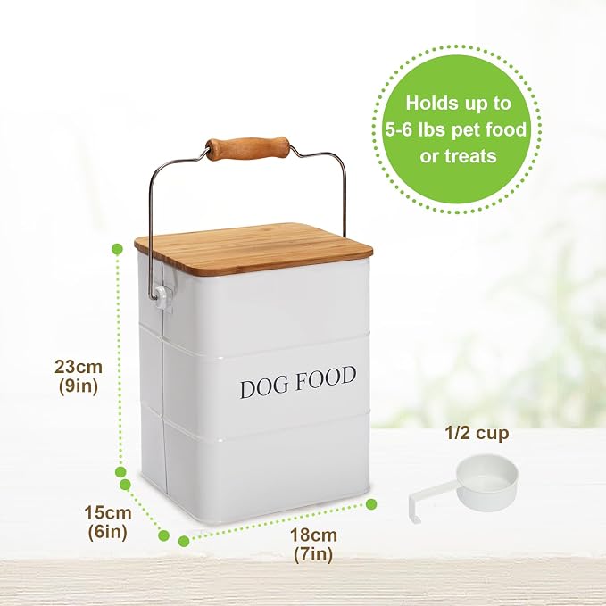 Dog Food storage container Dog Treats Jar,5~6 lb Metal food treats tin for Dog, pet snacks Canisters with wooden lid/handle/sevice scoop-White